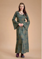 Boat Neck Maxi Bell Khaki Pattern Sleeve Dress